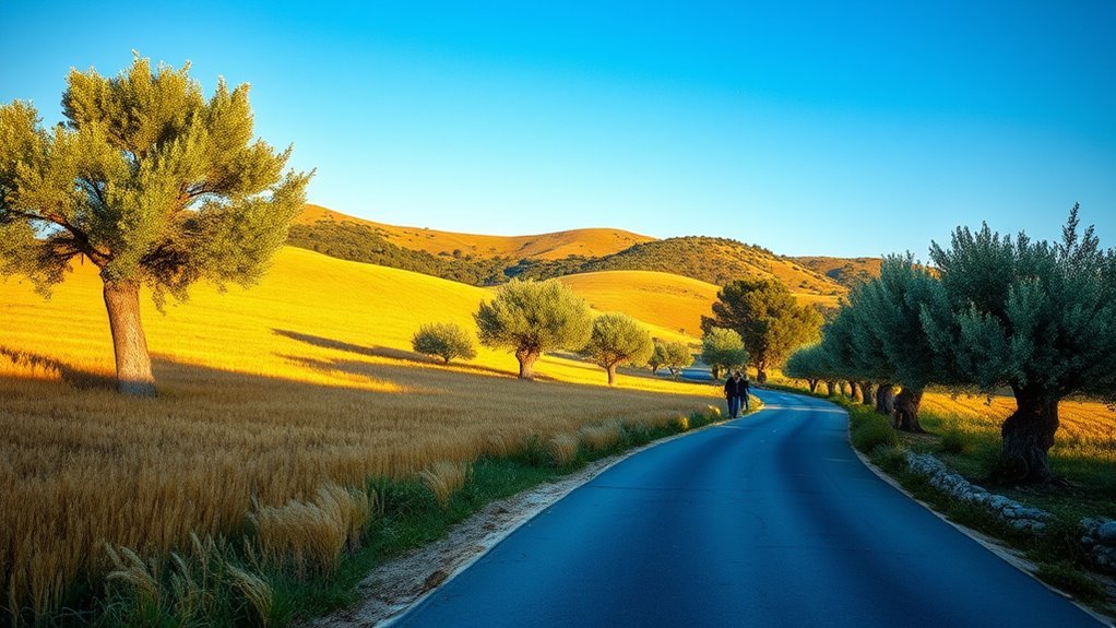 Spring landscape in Polateli Kilis showing green hills, almond blossoms, and rural walking paths
