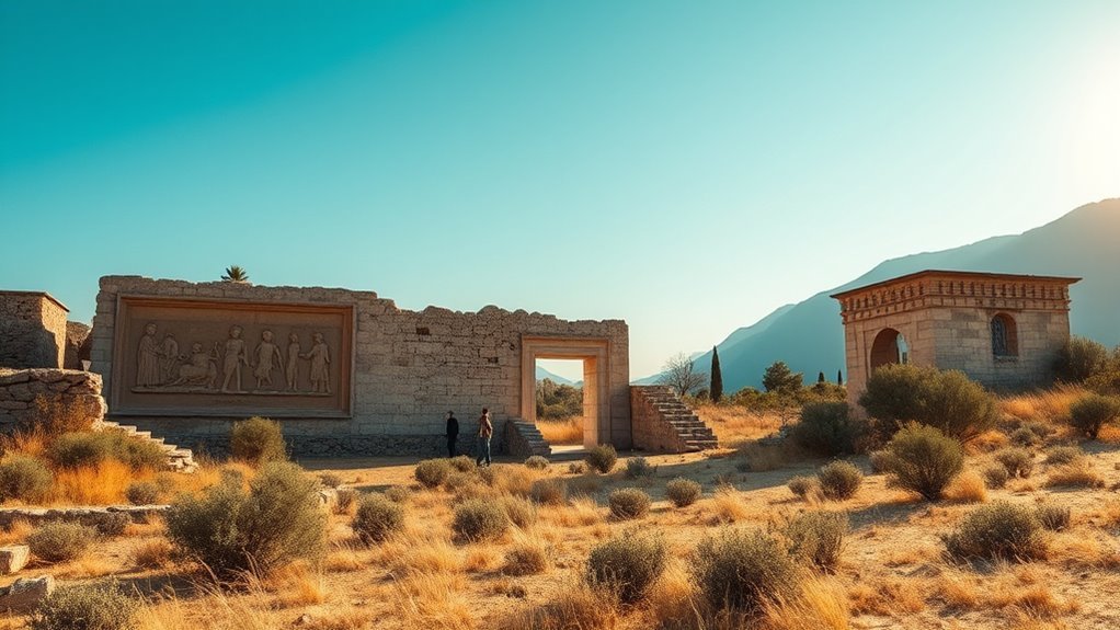 Ancient Neo-Hittite stone reliefs and protective canopies at Karatepe-Aslantaş Open-Air Museum in late spring