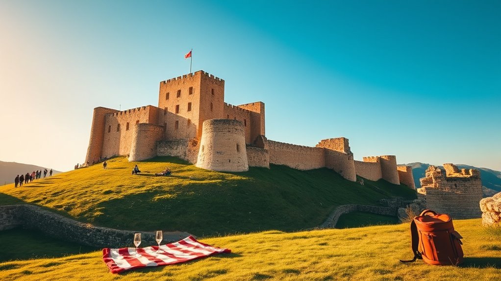 Golden October morning light over Ravanda Castle with few visitors