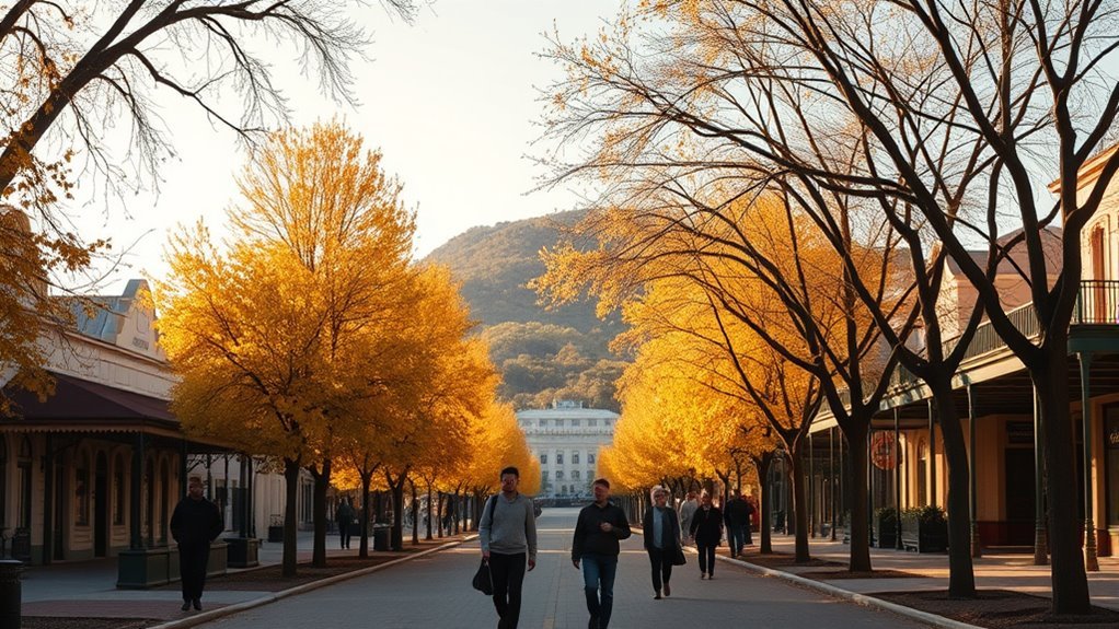 People strolling through Bathurst during mild shoulder-season weather